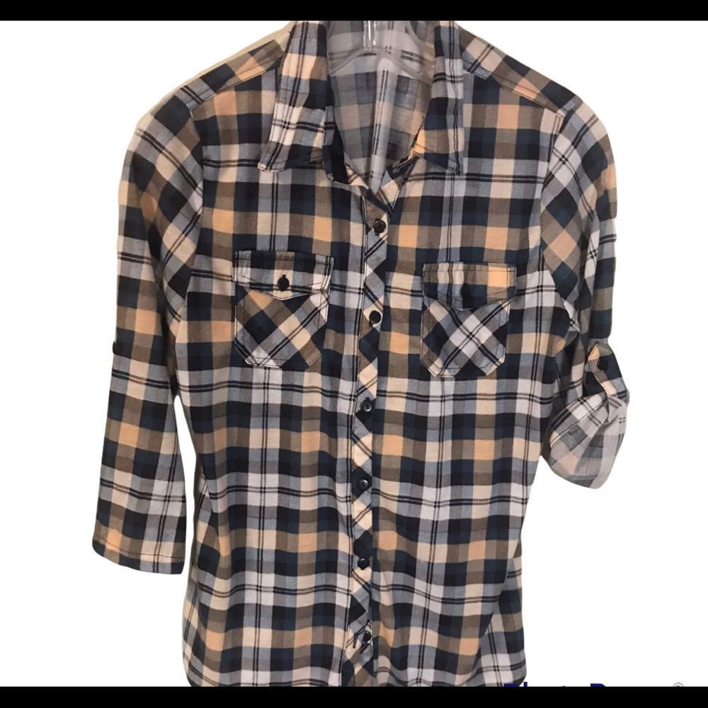 Eden & Olivia Evergreen & Peach Plaid Button Shirt Size S